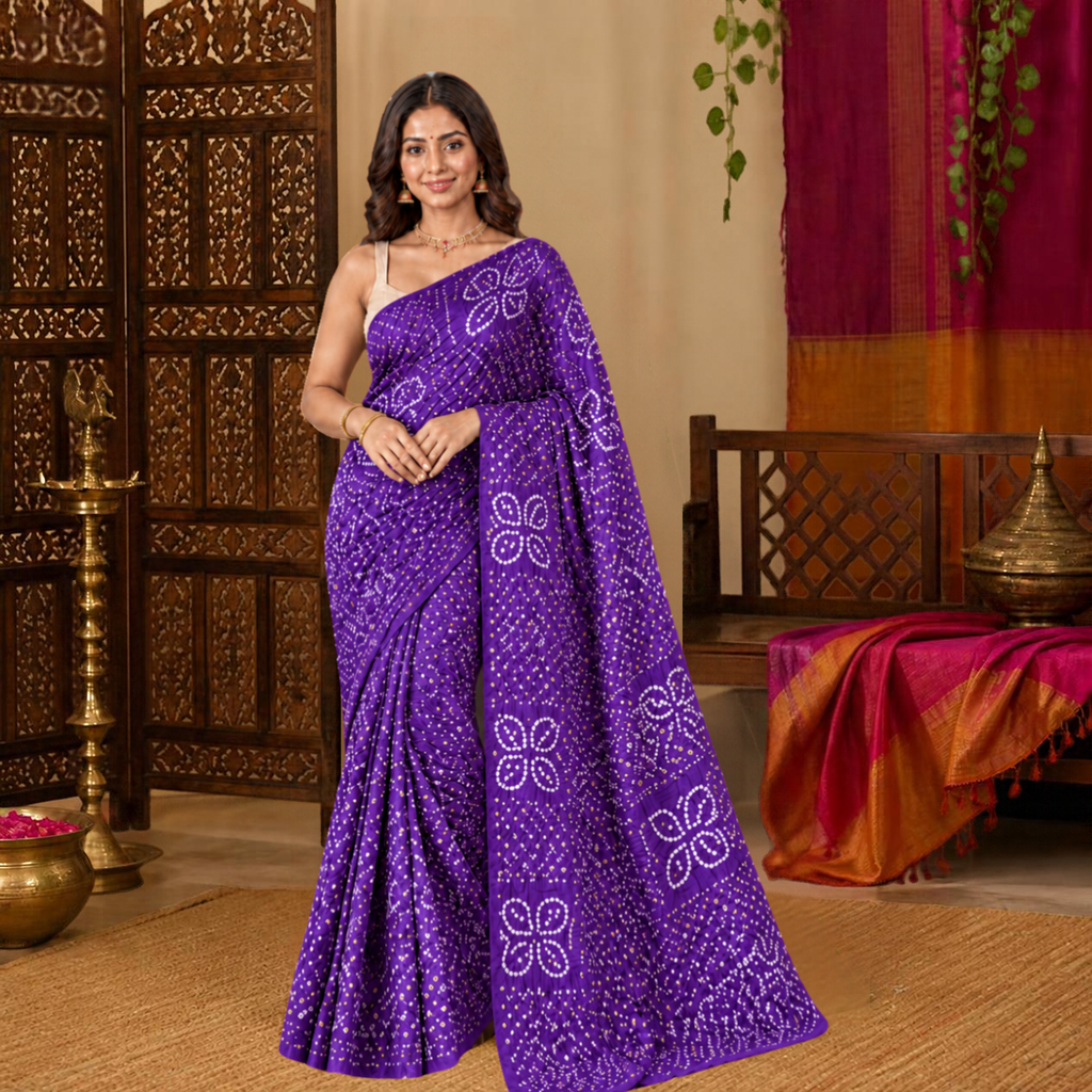 Patti Bandhani Saree – Violet – view 1
