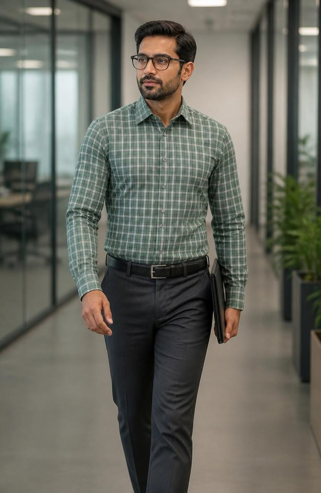 Samiran Sage Green & White Check Shirt – model walking in an office