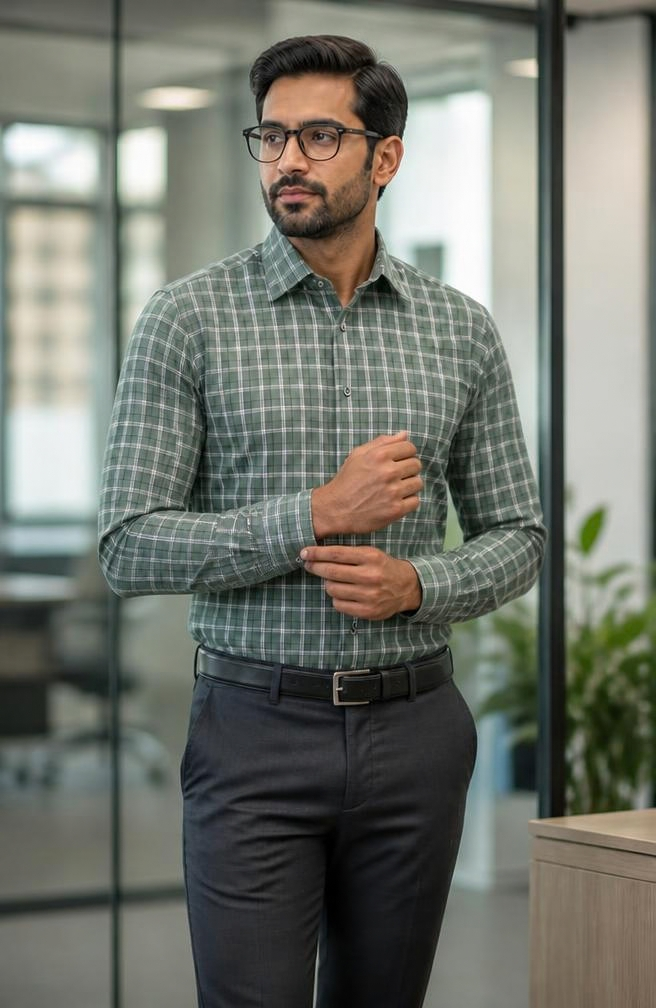 Samiran Sage Green & White Check Shirt – model adjusting his cuff