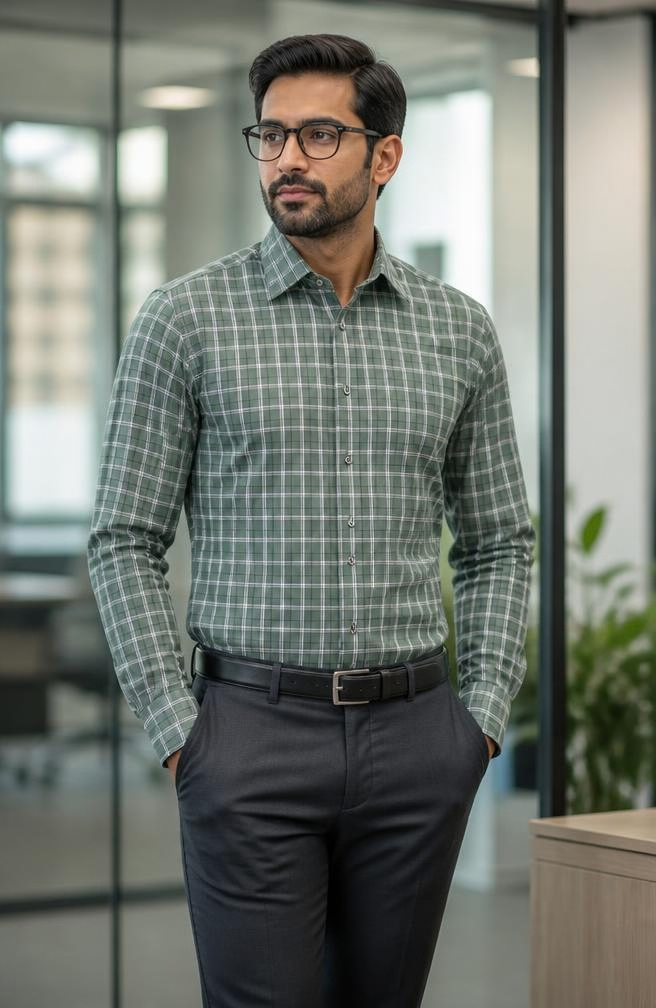 Samiran Sage Green & White Check Shirt – model standing