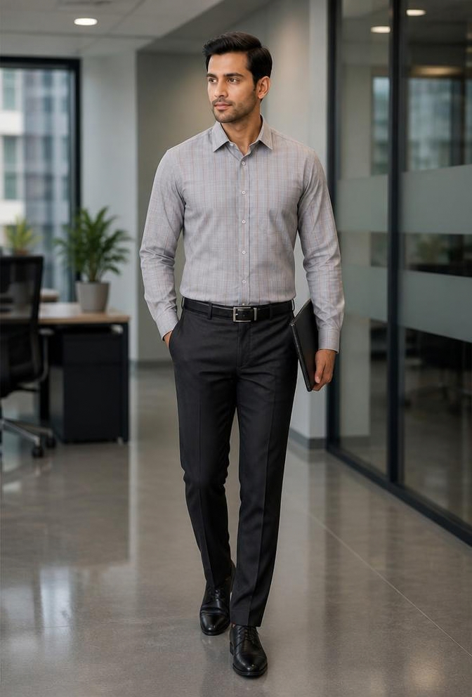 Samiran Stone Grey & Tan Check Shirt – model walking in an office