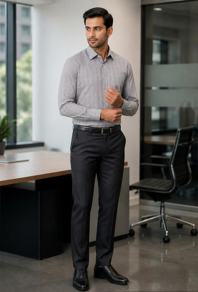 Samiran Stone Grey & Tan Check Shirt – model adjusting his cuff