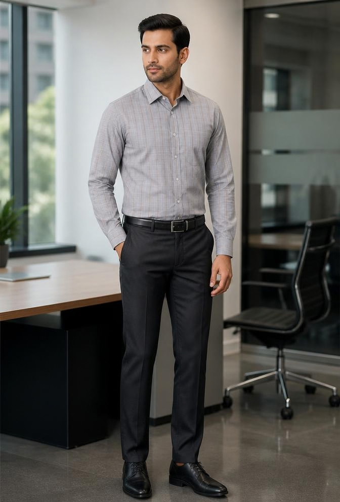 Samiran Stone Grey & Tan Check Shirt – model standing