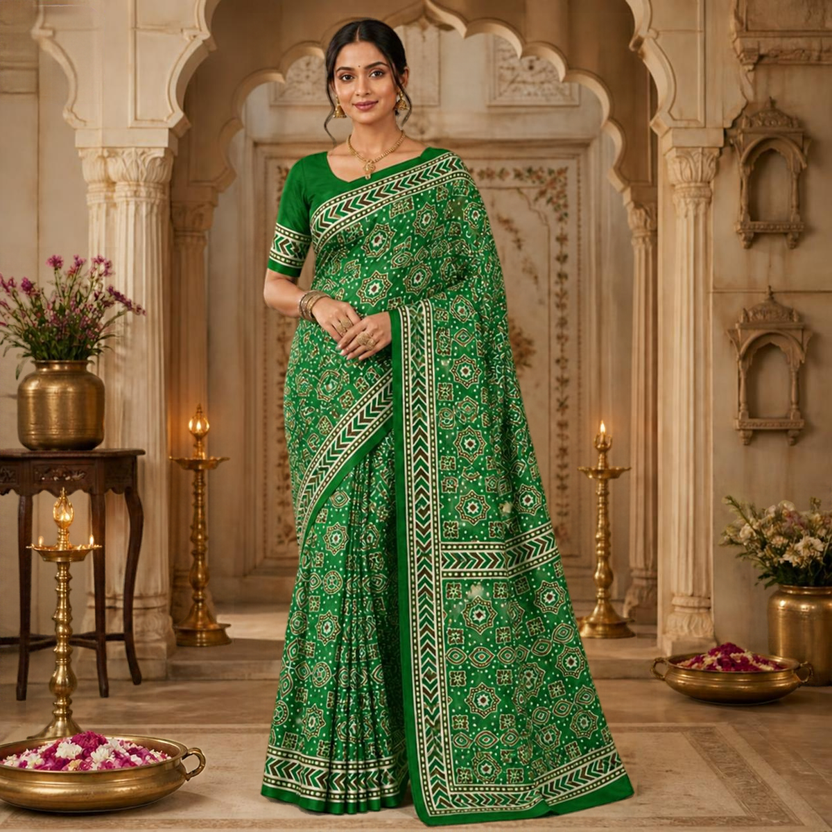 Taara Ajrakh Saree – Bottle Green – view 1