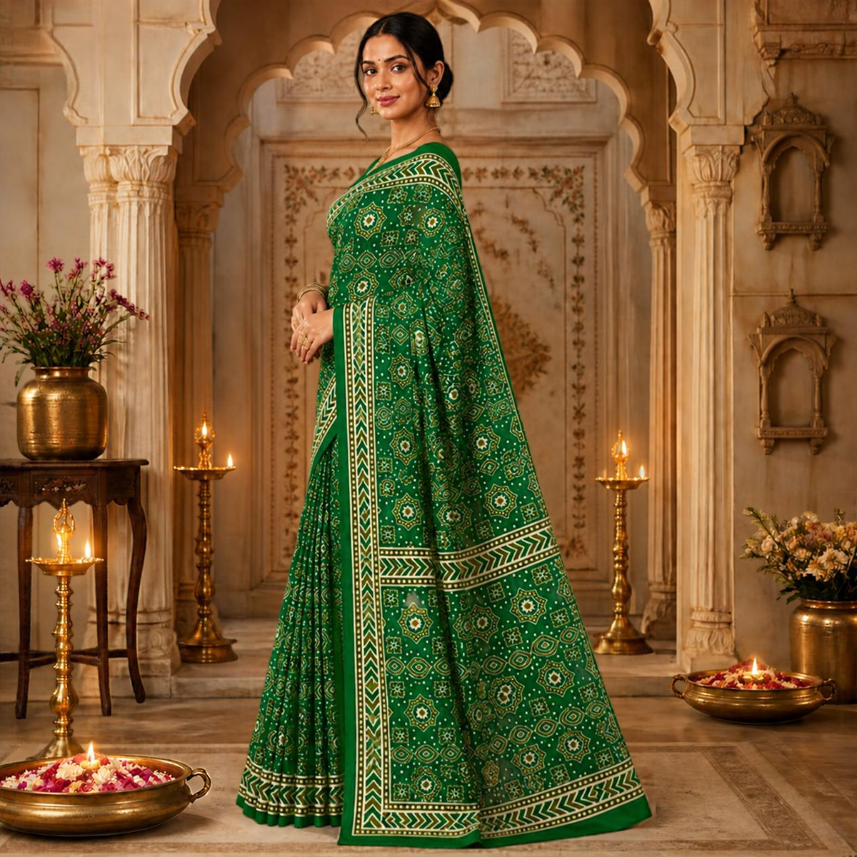 Taara Ajrakh Saree – Bottle Green – view 2