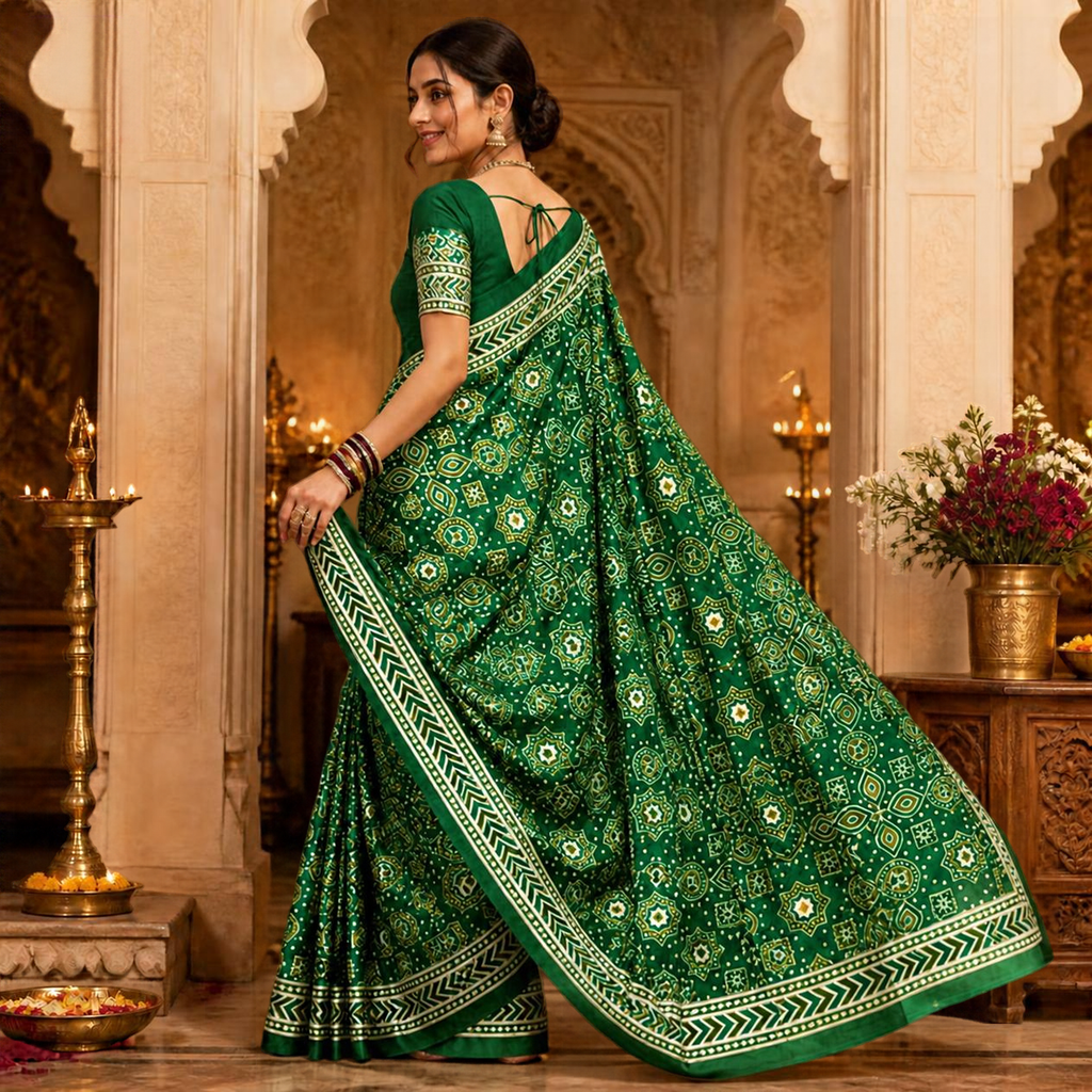 Taara Ajrakh Saree – Bottle Green – view 3