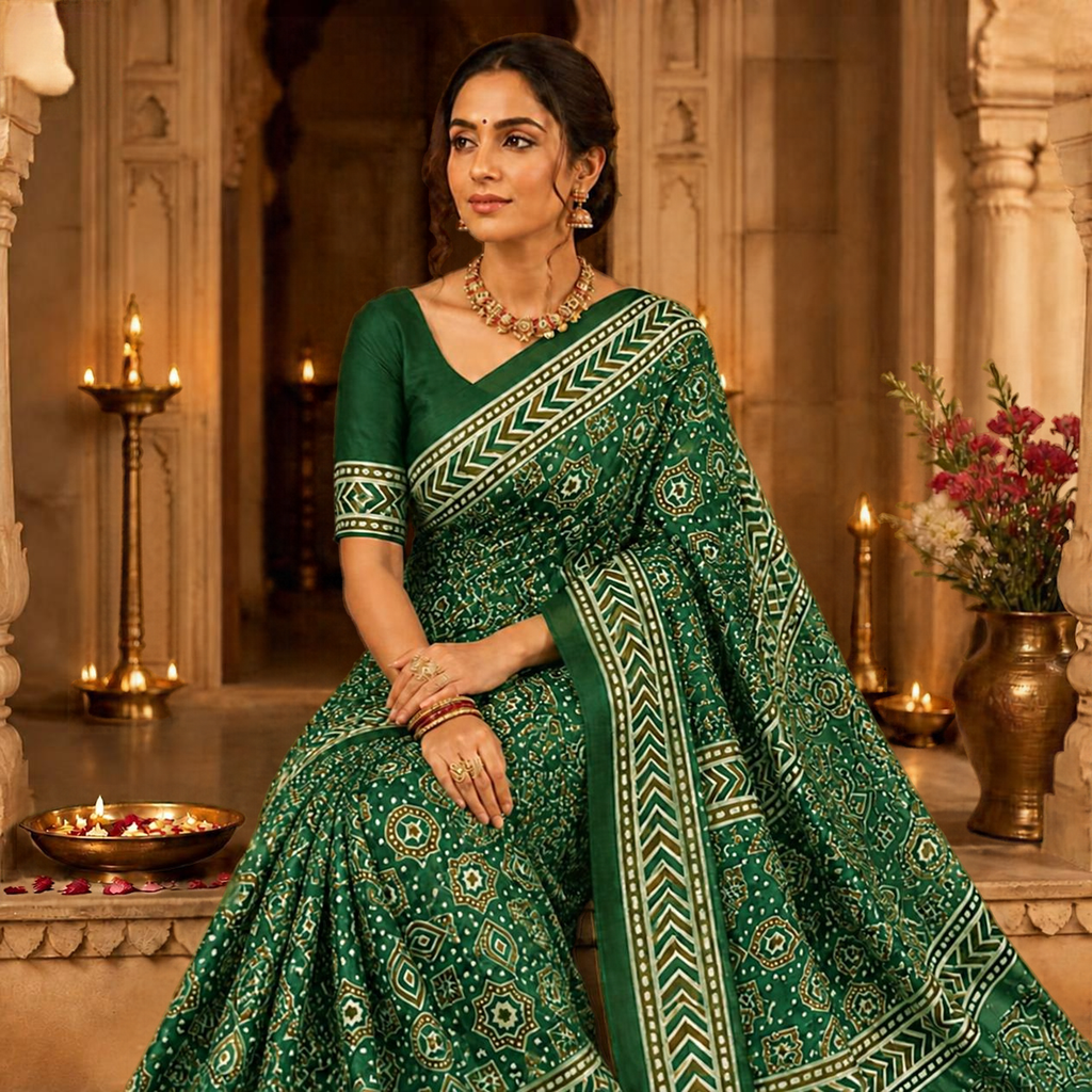 Taara Ajrakh Saree – Bottle Green – view 4