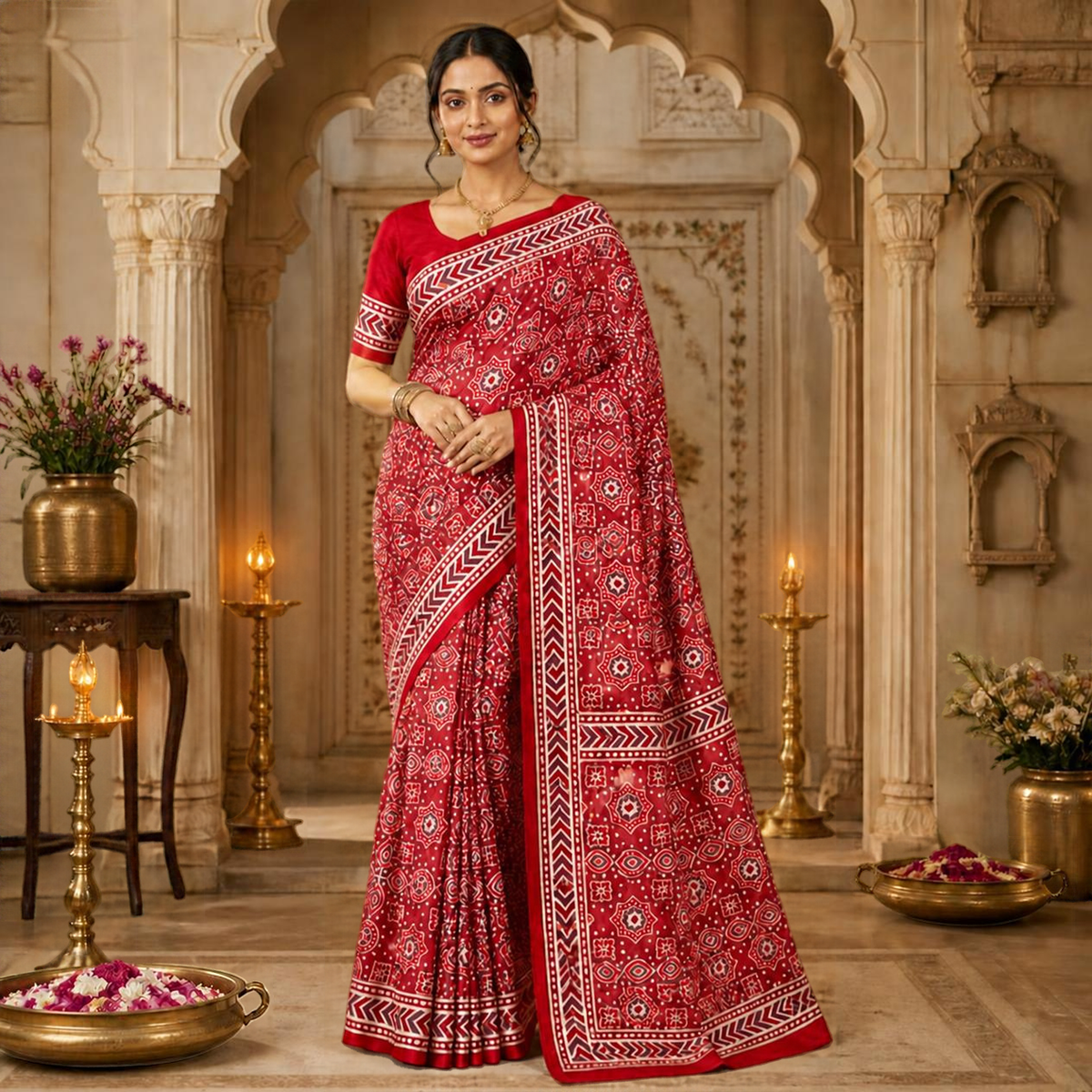 Taara Ajrakh Saree – Red – view 1