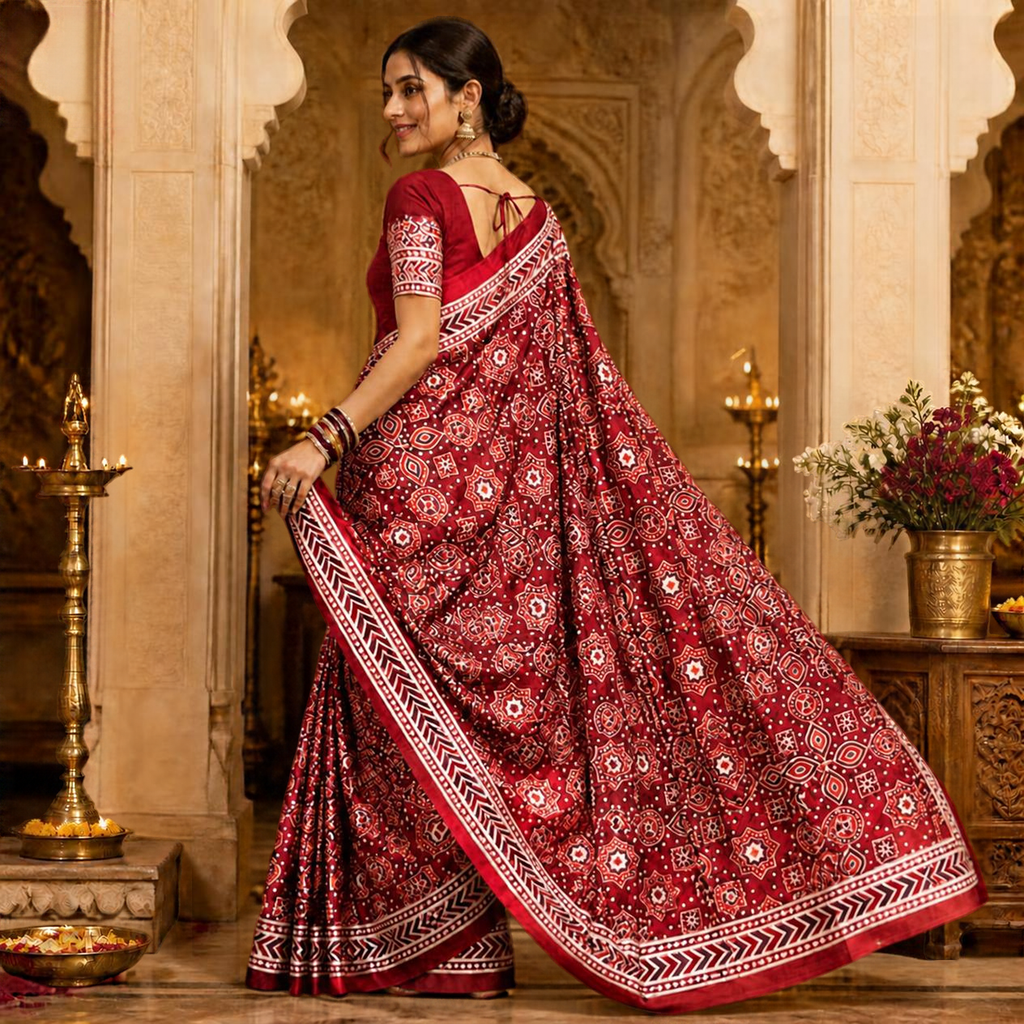 Taara Ajrakh Saree – Red – view 3