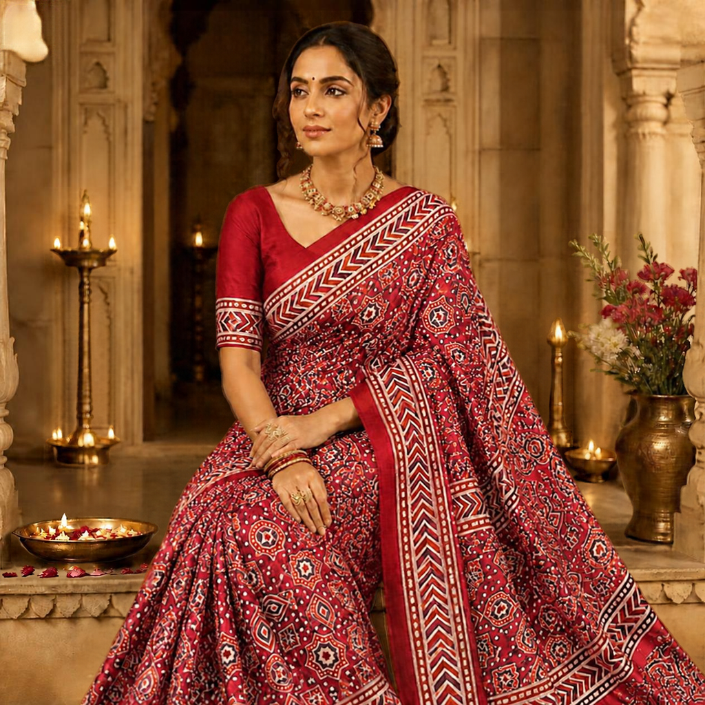 Taara Ajrakh Saree – Red – view 4