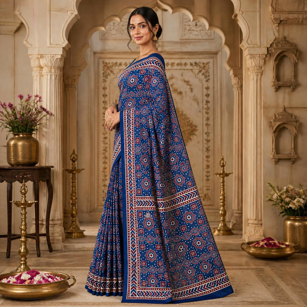Taara Ajrakh Saree – Royal Blue – view 2