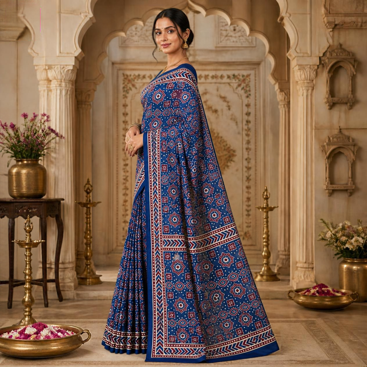 Taara Ajrakh Saree – Royal Blue – view 2