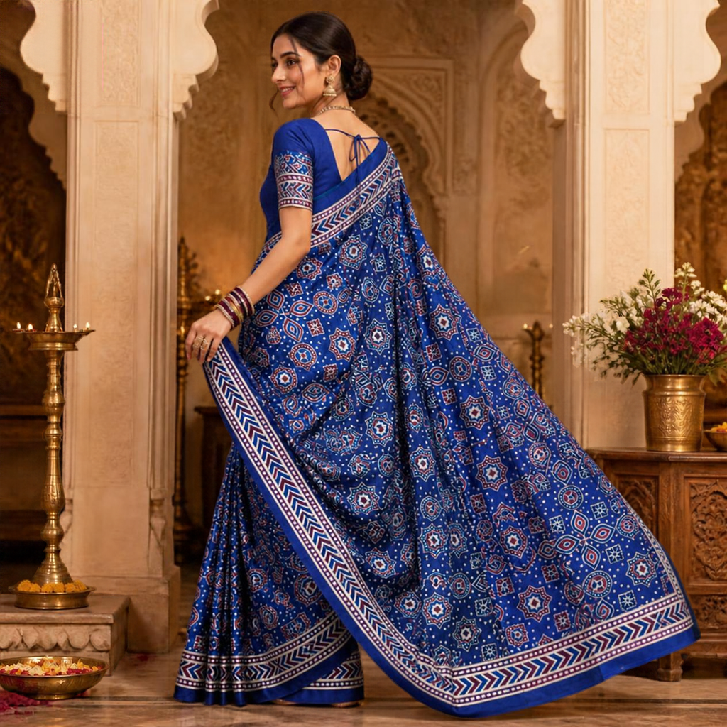 Taara Ajrakh Saree – Royal Blue – view 3