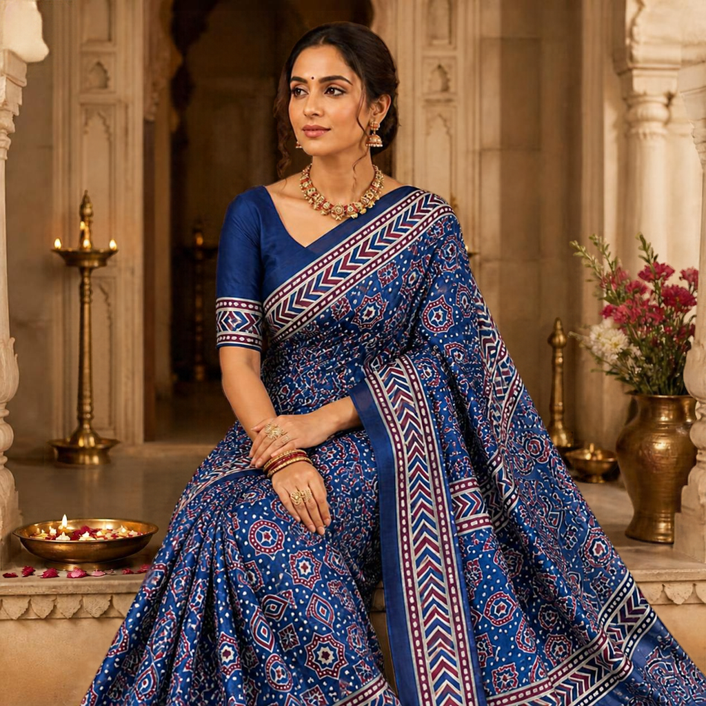 Taara Ajrakh Saree – Royal Blue – view 4