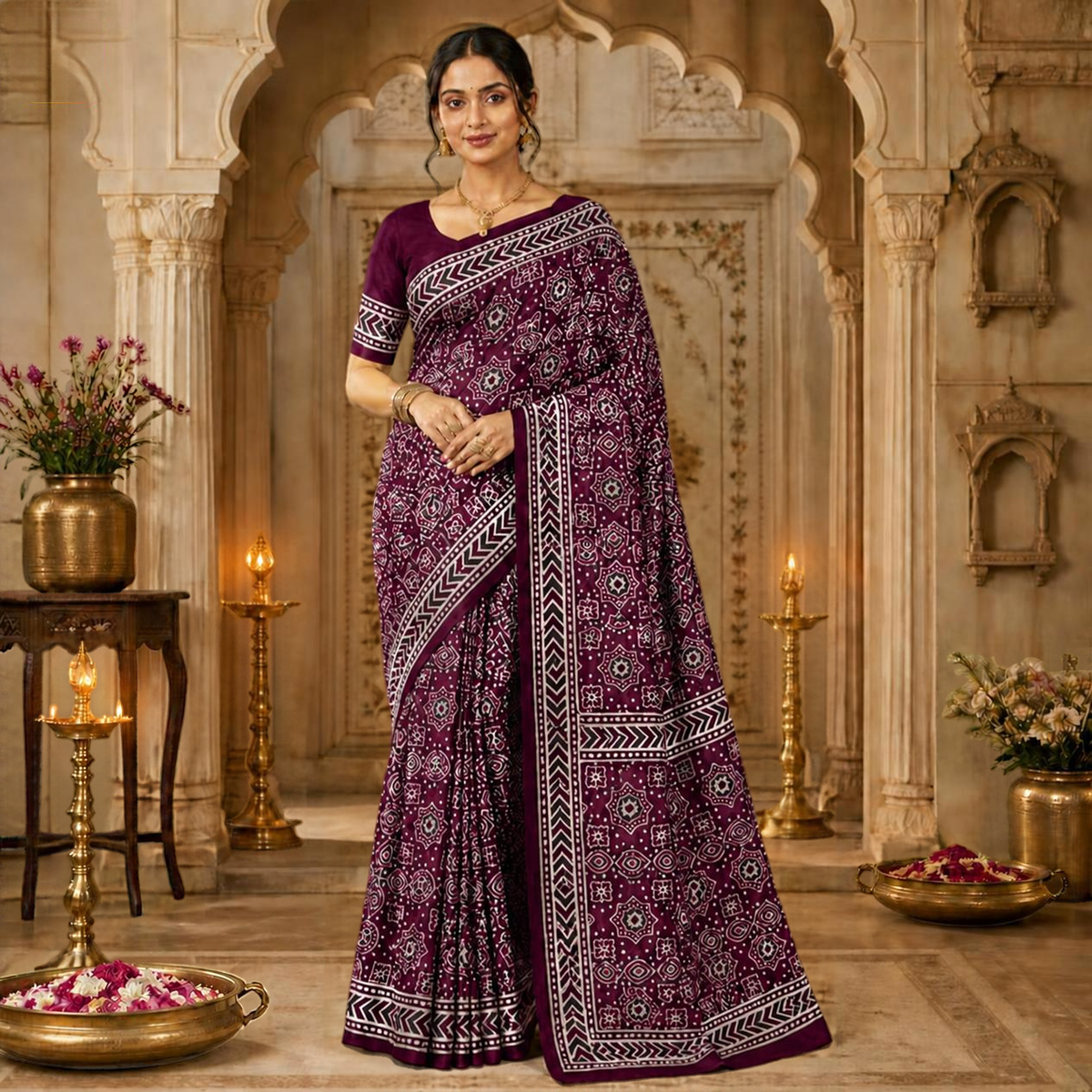 Taara Ajrakh Saree – Wine – view 1