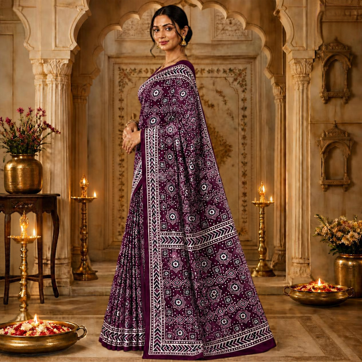 Taara Ajrakh Saree – Wine – view 2