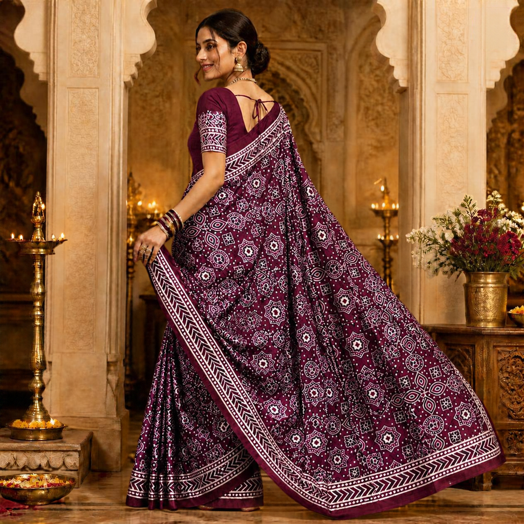 Taara Ajrakh Saree – Wine – view 3