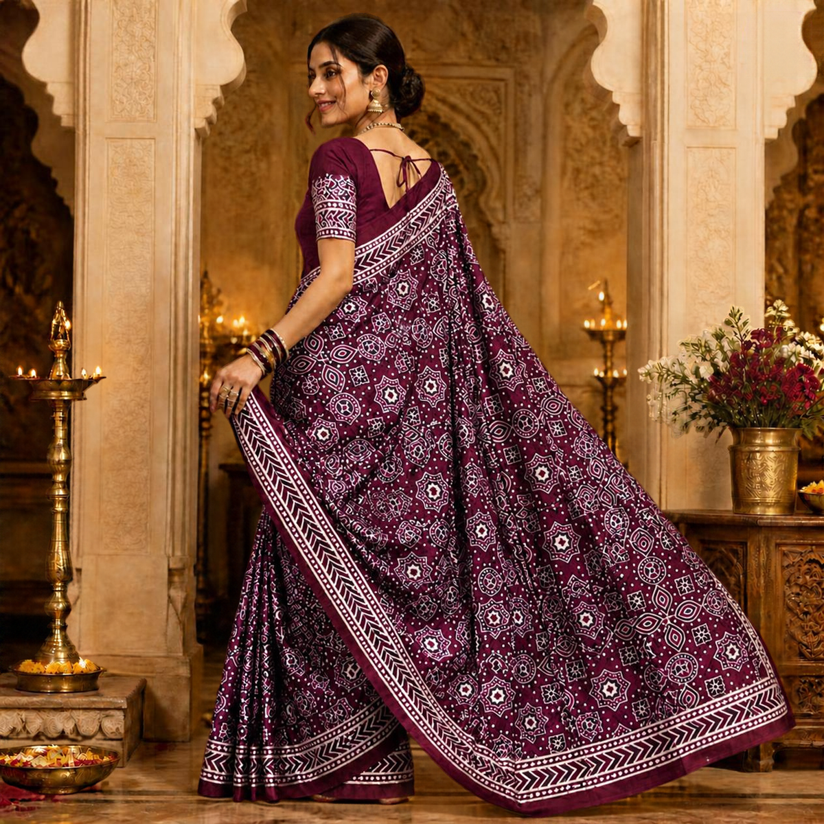 Taara Ajrakh Saree – Wine – view 3